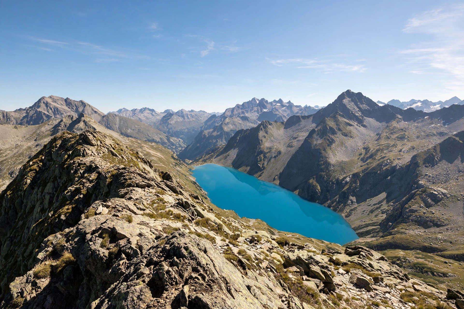 Turquoise alpine lake seen from a high mountain ridge in summer