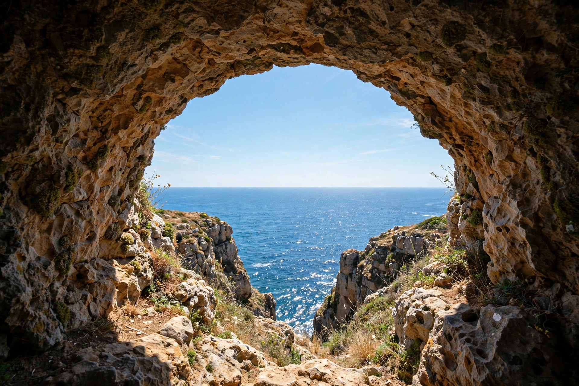 A natural stone arch on a clifftop framing the open blue ocean